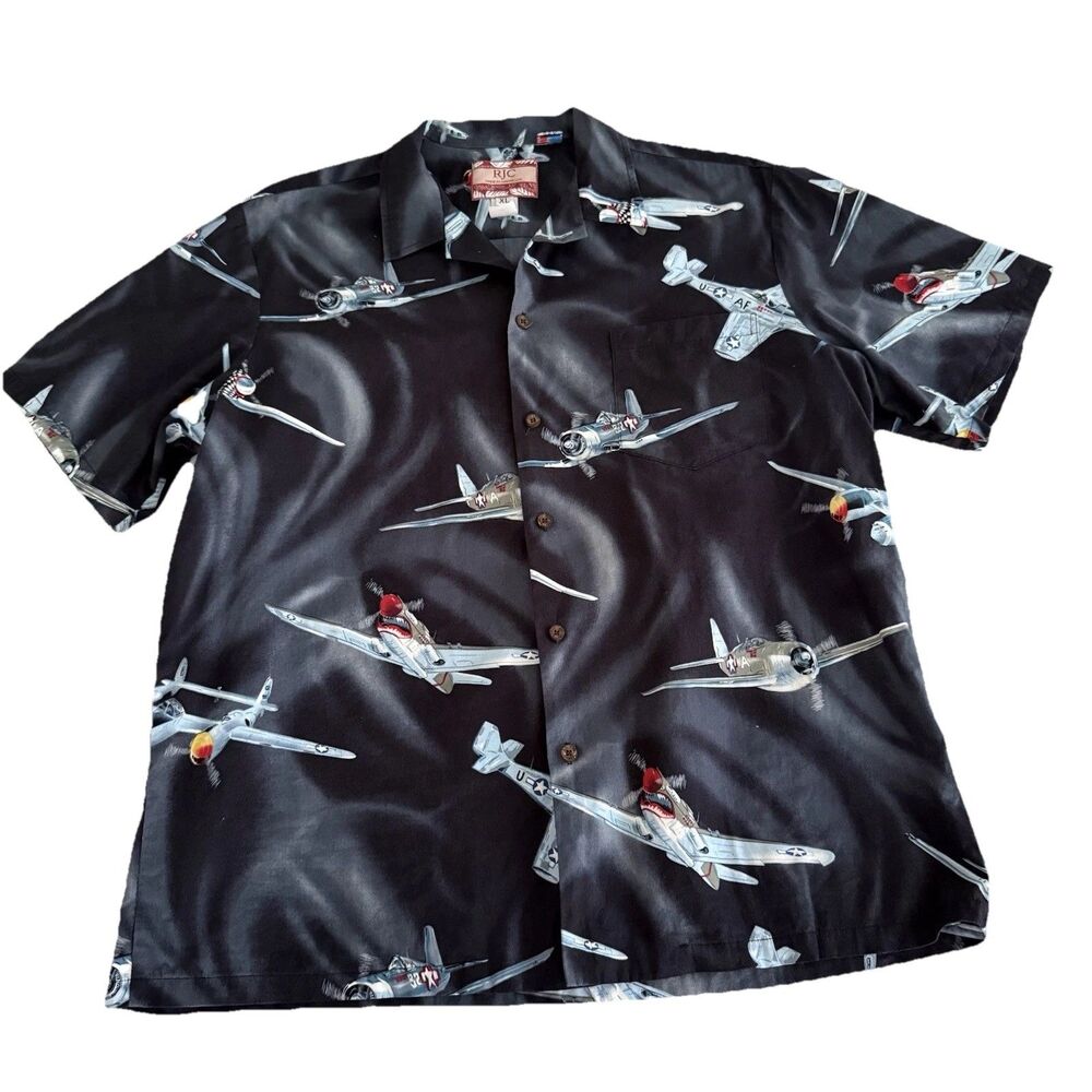 RJC Hawaiian Airplane Shirt Men's XL Aviation Button Down Black WW2 Warplanes